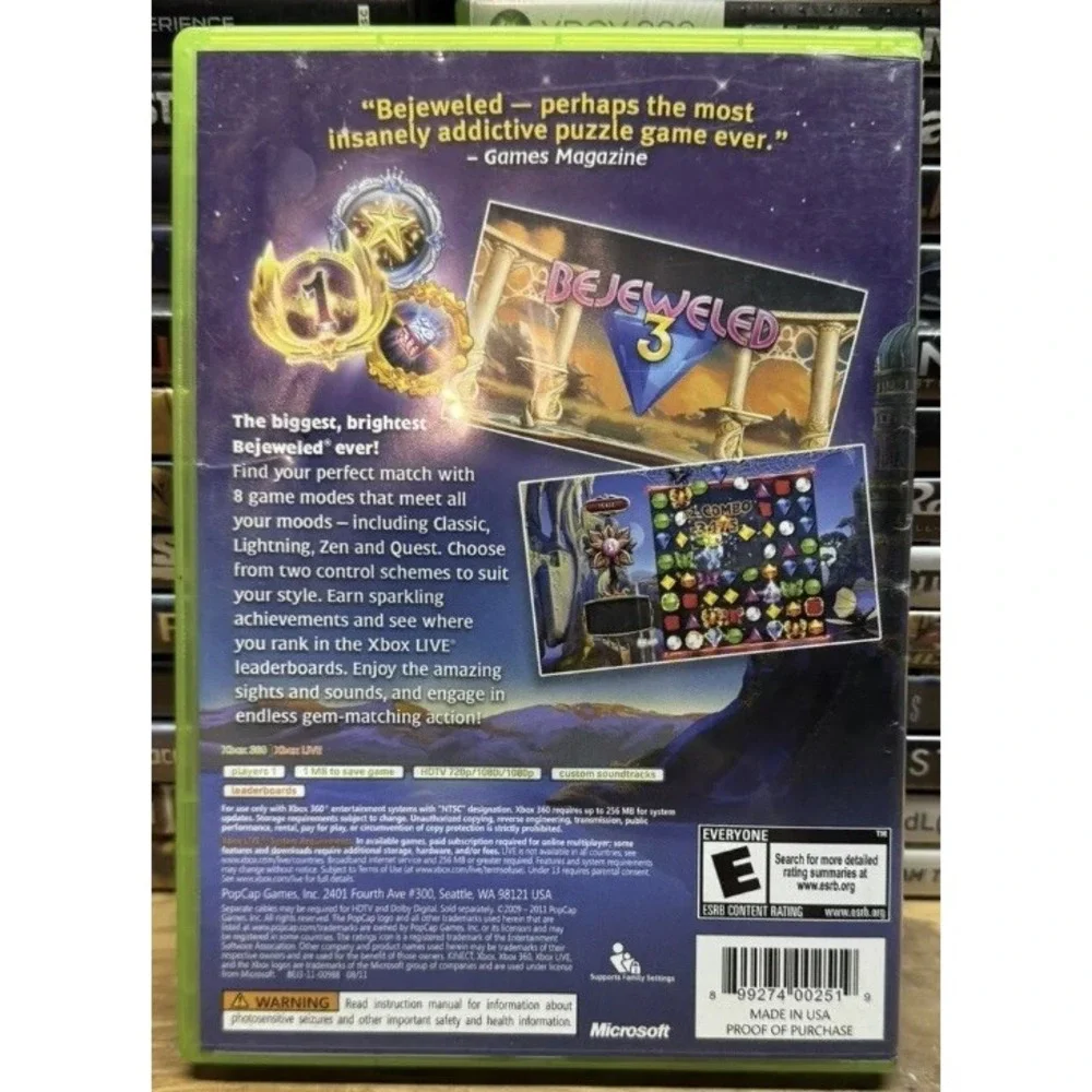 Bejeweled 3 (Microsoft Xbox 360, 2011) Complete With Manual CIB